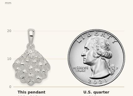 Classique True Size: De-Ani Sterling Silver Rhodium-Plated Textured Oyster Shell Pendant shown next to a US quarter (24.3 mm)