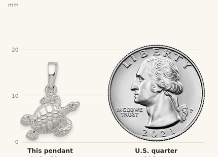 Classique True Size: De-Ani Sterling Silver Rhodium-Plated Polished Sea Turtle Pendant shown next to a US quarter (24.3 mm)