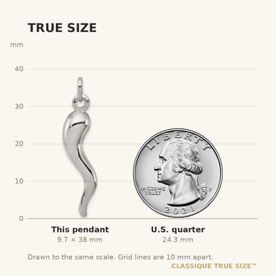 Sterling Silver Rhodium-plated Italian Horn Pendant, 38 x 8mm