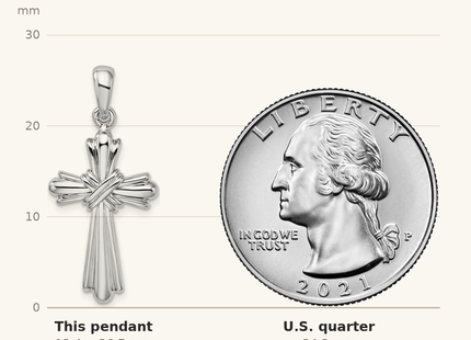 Classique True Size: De-Ani Sterling Silver Rhodium-Plated with X-Center Budded Cross Pendant shown next to a US quarter (24.3 mm)