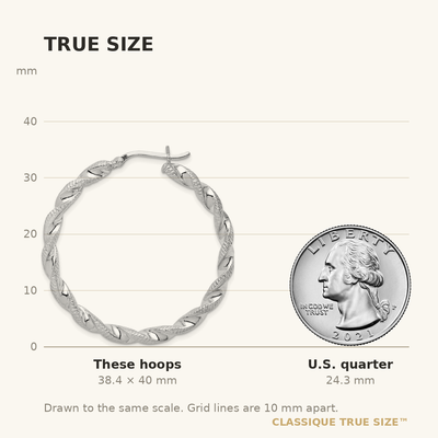 Sterling Silver Rhodium Plated Twisted Hoop Earrings, 40 x 3.5mm