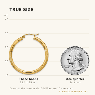 14K Satin and Diamond-cut Round Hoop Earrings, 35 x 3mm
