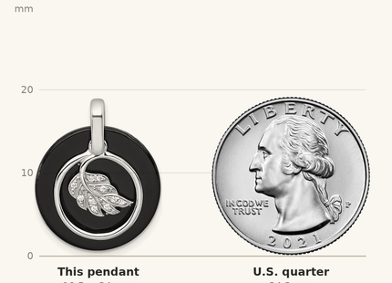 Classique True Size: Sterling Silver Rhodium-plated Polished Onyx Circle and CZ Leaf Dangle Pendant shown next to a US quarter (24.3 mm)