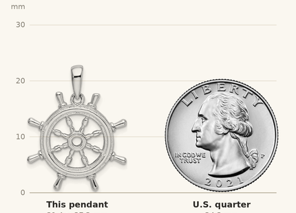 Classique True Size: De-Ani Sterling Silver Rhodium-Plated Polished Cut-Out 3D Ships Wheel Pendant shown next to a US quarter (24.3 mm)