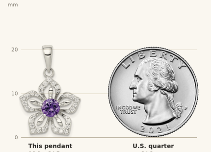 Classique True Size: Sterling Silver Purple and Clear CZ Flower Pendant shown next to a US quarter (24.3 mm)