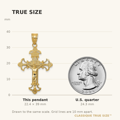 14K Inri Fleur De Lis Crucifix Pendant, 39 x 22mm