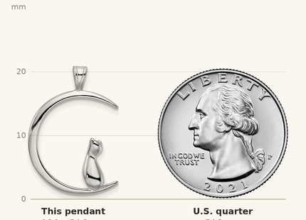 Classique True Size: Sterling Silver Rhodium-plated Cat On Moon Pendant shown next to a US quarter (24.3 mm)