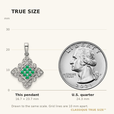 14K White Gold Emerald Cluster and Diamond Vintage Pendant
