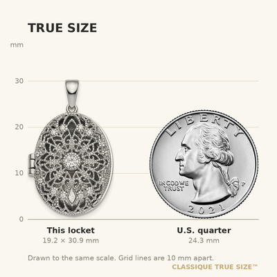 Sterling Silver Rhodium-plated CZ Filigree Top Polished Back Oval Locket