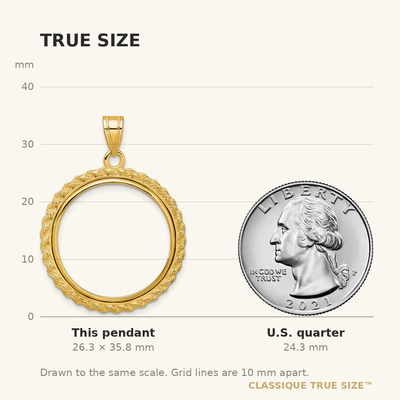 Wideband Distinguished Coin Jewelry 14K Polished with Casted Rope Prong Coin Bezel Pendant, 35.8 x 27.3mm