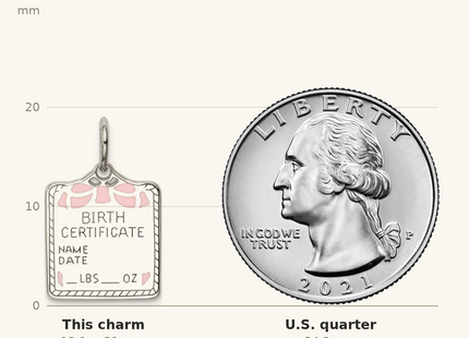 Classique True Size: Sterling Silver Rhodium-plated Pink Birth Certificate Polished Charm shown next to a US quarter (24.3 mm)