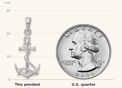 Classique True Size: De-Ani Sterling Silver Rhodium-Plated 3D Anchor with Rope and Shackle Pendant shown next to a US quarter (24.3 mm)