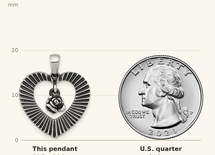 Classique True Size: Sterling Silver Antiqued Polished Open Heart With Dangling Flower Pendant shown next to a US quarter (24.3 mm)