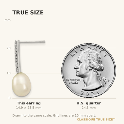 Sterling Silver Rhodium-plated White Rice Freshwater Cultured Pearl and CZ Post Dangle Earrings, 25.5 x 8 to 9mm