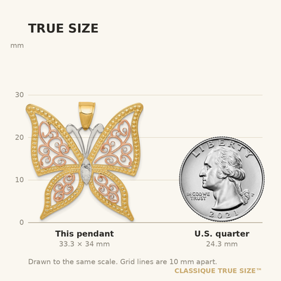 14K Two-tone w/White Rhodium Diamond-cut Butterfly Pendant, 34 x 33mm