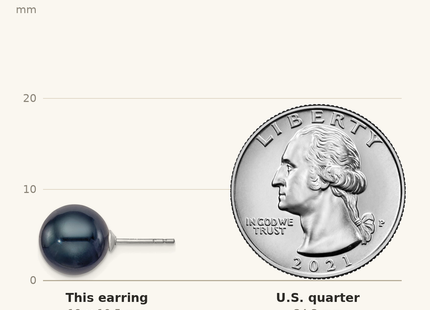 Classique True Size: Sterling Silver Rhodium-plated 10- Black Round Freshwater Cultured Pearl Post Earrings shown next to a US quarter (24.3 mm)