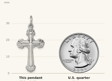 Classique True Size: Sterling Silver Rhodium-plated Polished Fancy Budded Cross Pendant shown next to a US quarter (24.3 mm)