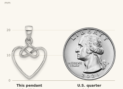 Classique True Size: Sterling Silver Rhodium-Plated Polished Fancy Open Heart Pendant shown next to a US quarter (24.3 mm)