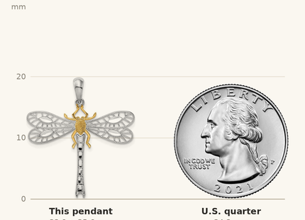 Classique True Size: De-Ani Sterling Silver Rhodium-Plated Polished Dragonfly with 14k Accent Pendant shown next to a US quarter (24.3 mm)