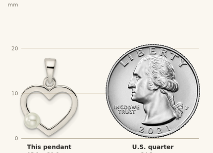 Classique True Size: Sterling Silver Polished Imitation Pearl Heart Pendant shown next to a US quarter (24.3 mm)