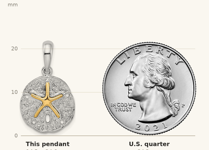Classique True Size: De-Ani Sterling Silver Rhodium-Plated Textured Sand Dollar with 14k Starfish Pendant shown next to a US quarter (24.3 mm)