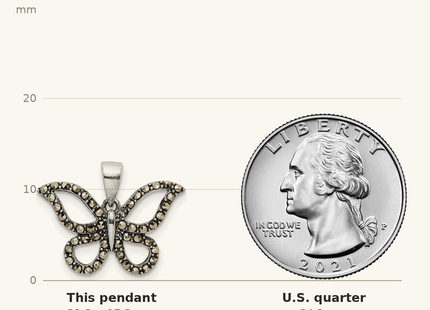 Classique True Size: Sterling Silver Antiqued Polished Marcasite Butterfly Pendant shown next to a US quarter (24.3 mm)