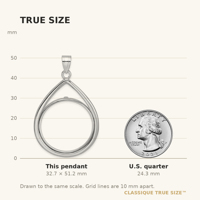 Wideband Distinguished Coin Jewelry 14K White Gold Polished Lightweight Teardrop Prong Coin Bezel Pendant, 51.25 x 32.9mm