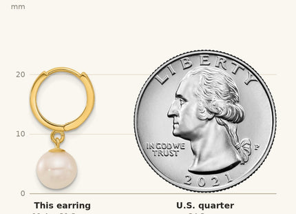 True size: 14k 7- White Round Freshwater Cultured Pearl Dangle Hoop Earrings shown next to a US quarter (24.3 mm)