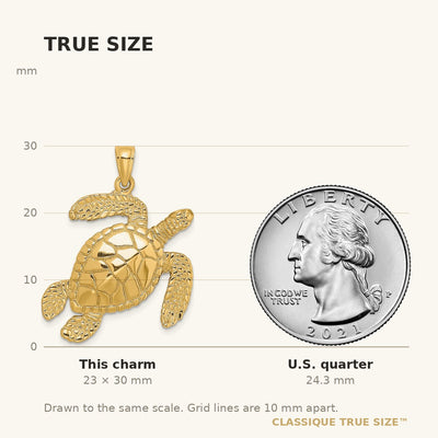 14K Large Textured Swimming Sea Turtle Charm