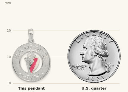 Classique True Size: De-Ani Sterling Silver Rhodium-Plated Enameled Sanibel Circle with Shell Pendant shown next to a US quarter (24.3 mm)