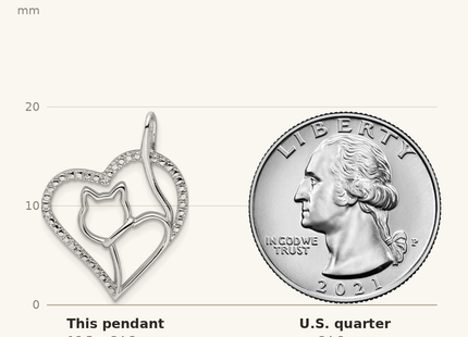 Classique True Size: Sterling Silver Rhodium-plated CZ Heart with Cat Silhouette Pendant shown next to a US quarter (24.3 mm)