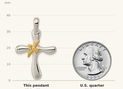 Classique True Size: Sterling Silver & Vermeil Dove Cross Pendant shown next to a US quarter (24.3 mm)