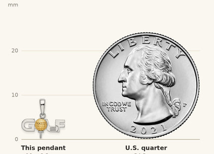 True size: De-Ani Sterling Silver Rhodium-Plated Polished GOLF Tee with 14k Ball Pendant shown next to a US quarter (24.3 mm)