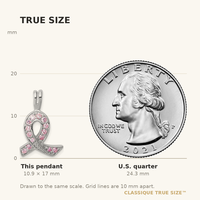 Sterling Silver Rhodium-plated Pink CZ Awareness Ribbon Pendant, 17 x 14.5mm