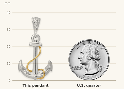 Classique True Size: De-Ani Sterling Silver Rhodium-Plated Polished 3D Anchor with 14k Rope Pendant shown next to a US quarter (24.3 mm)