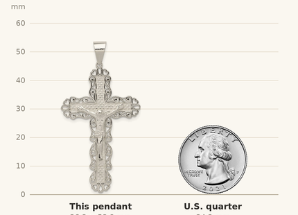 Classique True Size: Sterling Silver Polished Filigree Cross Crucifix Pendant shown next to a US quarter (24.3 mm)