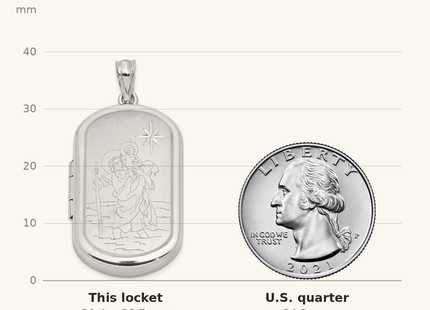 Classique True Size: Sterling Silver RH-plated Satin St. Christopher Rectangle Locket shown next to a US quarter (24.3 mm)