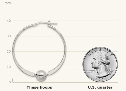 Classique True Size: Sterling Silver Rhod-plated Polished Ball Large Round Hoop Earrings shown next to a US quarter (24.3 mm)