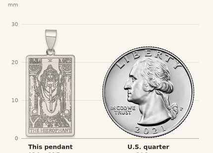 Classique True Size: Sterling Silver The Hierophant Tarot Card Pendant shown next to a US quarter (24.3 mm)