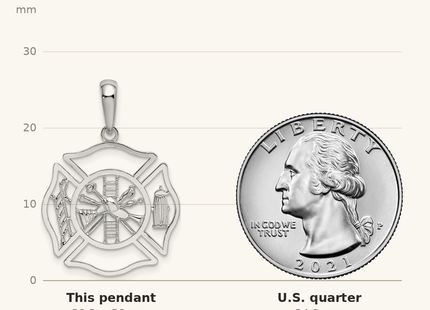 Classique True Size: De-Ani Sterling Silver Rhodium-plated Polished Cut-Out Fireman Shield Pendant shown next to a US quarter (24.3 mm)