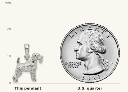 Classique True Size: De-Ani Sterling Silver Rhodium-Plated Textured 3D Welsh Terrier Pendant shown next to a US quarter (24.3 mm)