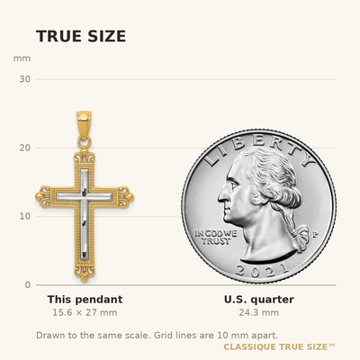14K w/Rhodium Diamond-Cut Cross Pendant, 27 x 18mm