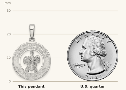 Classique True Size: De-Ani Sterling Silver Rhodium-Plated Polished Barbados with Turtle Circle Pendant shown next to a US quarter (24.3 mm)