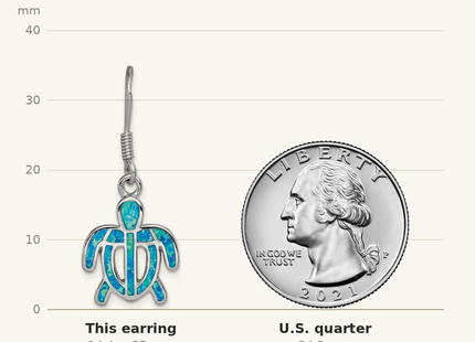Classique True Size: Sterling Silver Rhodium-plated Created Blue Opal Inlay Tortoise Dangle Earrings shown next to a US quarter (24.3 mm)