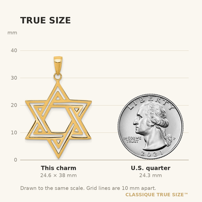 14K Solid Polished Star of David Charm, 38 x 25mm