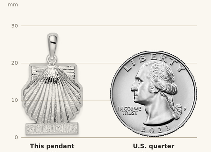 Classique True Size: De-Ani Sterling Silver Rhodium-Plated Polished St. Thomas Scallop Shell Pendant shown next to a US quarter (24.3 mm)