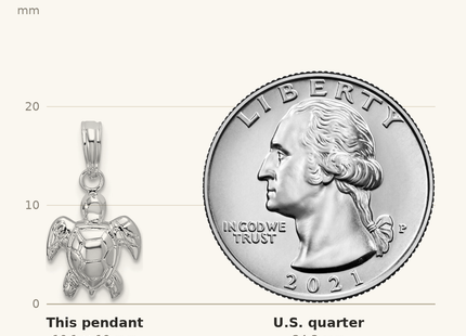 Classique True Size: De-Ani Sterling Silver Rhodium-Plated Polished Mini Sea Turtle Pendant shown next to a US quarter (24.3 mm)