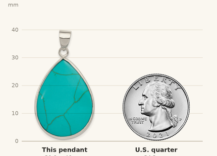 Classique True Size: Sterling Silver Teardrop Turquoise Pendant shown next to a US quarter (24.3 mm)