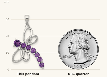 Classique True Size: Sterling Silver Rhodium-plated Polished Amethyst Dragonfly Pendant shown next to a US quarter (24.3 mm)