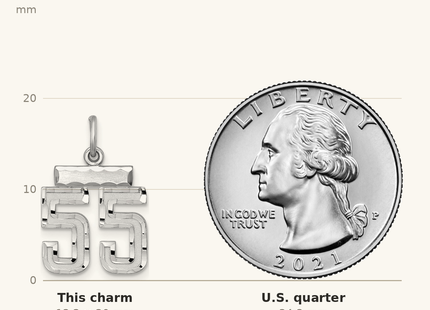 Classique True Size: Sterling Silver Rhodium-plated Diamond-cut #55 Charm shown next to a US quarter (24.3 mm)